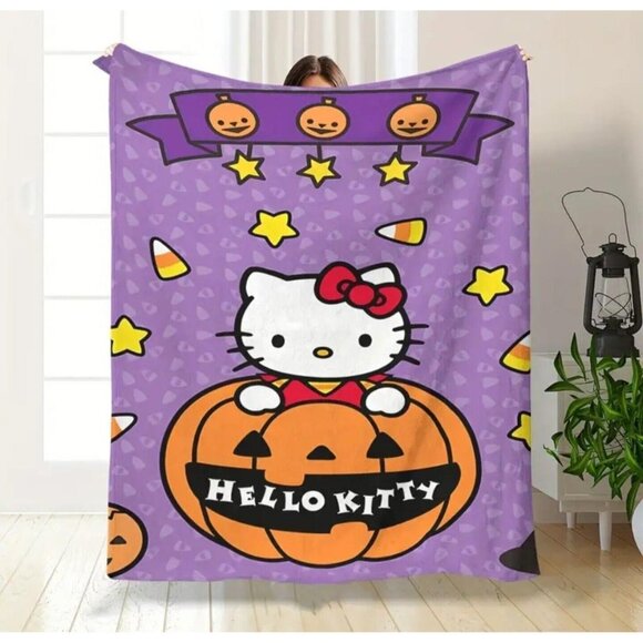 Hello Kitty HALLOWEEN pumpkin Plush Blanket 59"x 79" Orange & Purple - Picture 3 of 7